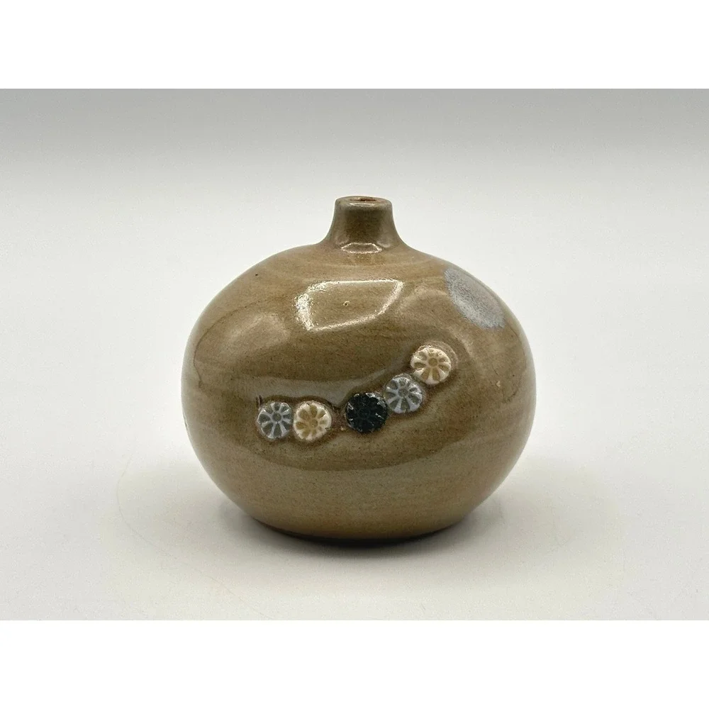 Vintage Studio Pottery Bud Vase Signed Tan Ceramic Floral Round Small 3.5in